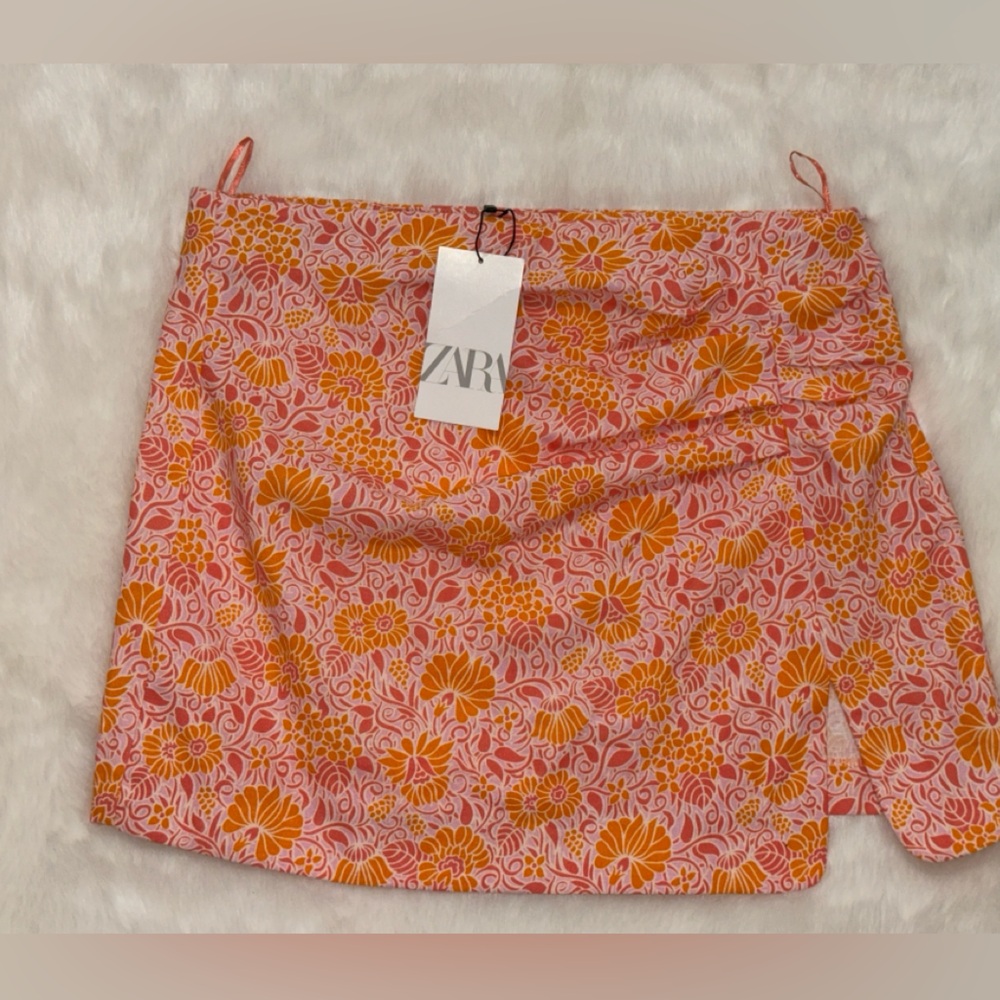 Zara Orange/Pink Linen Blend Floral Blogger Favorite Size XL NWT Mini Skirt - Picture 4 of 8